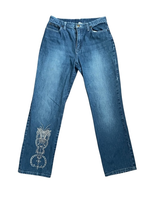 Clio Denim - Vintage Clio Butterfly Embroidered Cut Out Straight Leg Jeans Size 8 Cottagecore